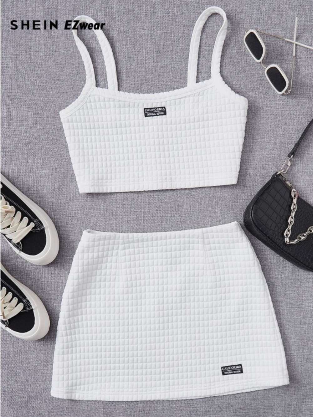 SHEIN EZwear White Textured Cami Top & Mini Skirt Set Size Small
